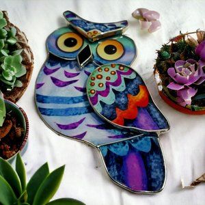 Retro Colorful 3D Owl Refrigerator Magnet Faux Stained-Glass Silver Tone Metal